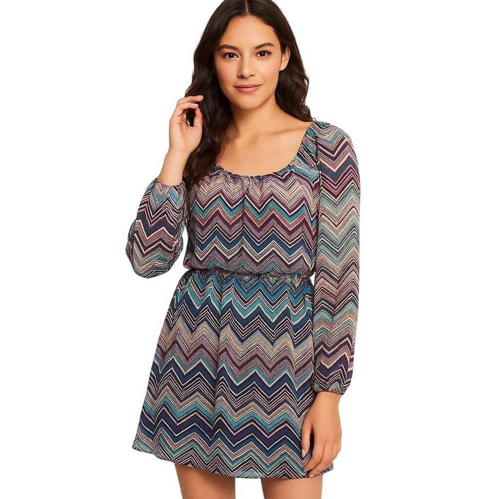Speechless Dress‎ Size S Blue Purple Chevron Print Long Sleeve Pleated Boho